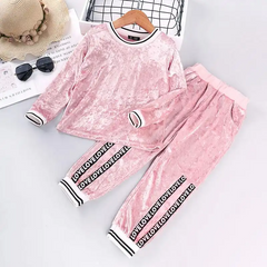 Girls Round Neck Tops And Letter Pattern Pants Pleuche Set