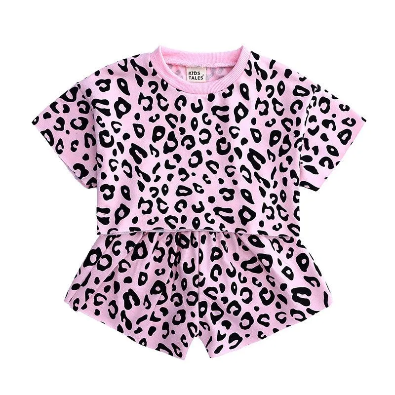 2 Pcs Set Girl Fashion Leopard Print Tees And Shorts