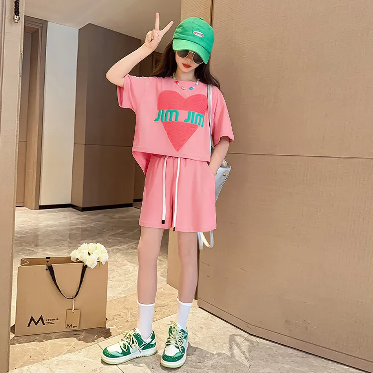 Children Kids Youth Fashion Girls Round Neck Short Sleeve Heart Print T-Shirt And Shorts Two-Piece Set