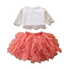 Girls Fashion Long-Sleeves Lace Tops And Fluffy Skirt Set