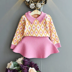 Girls Lapel Heart Pattern Tops And Skirt Set