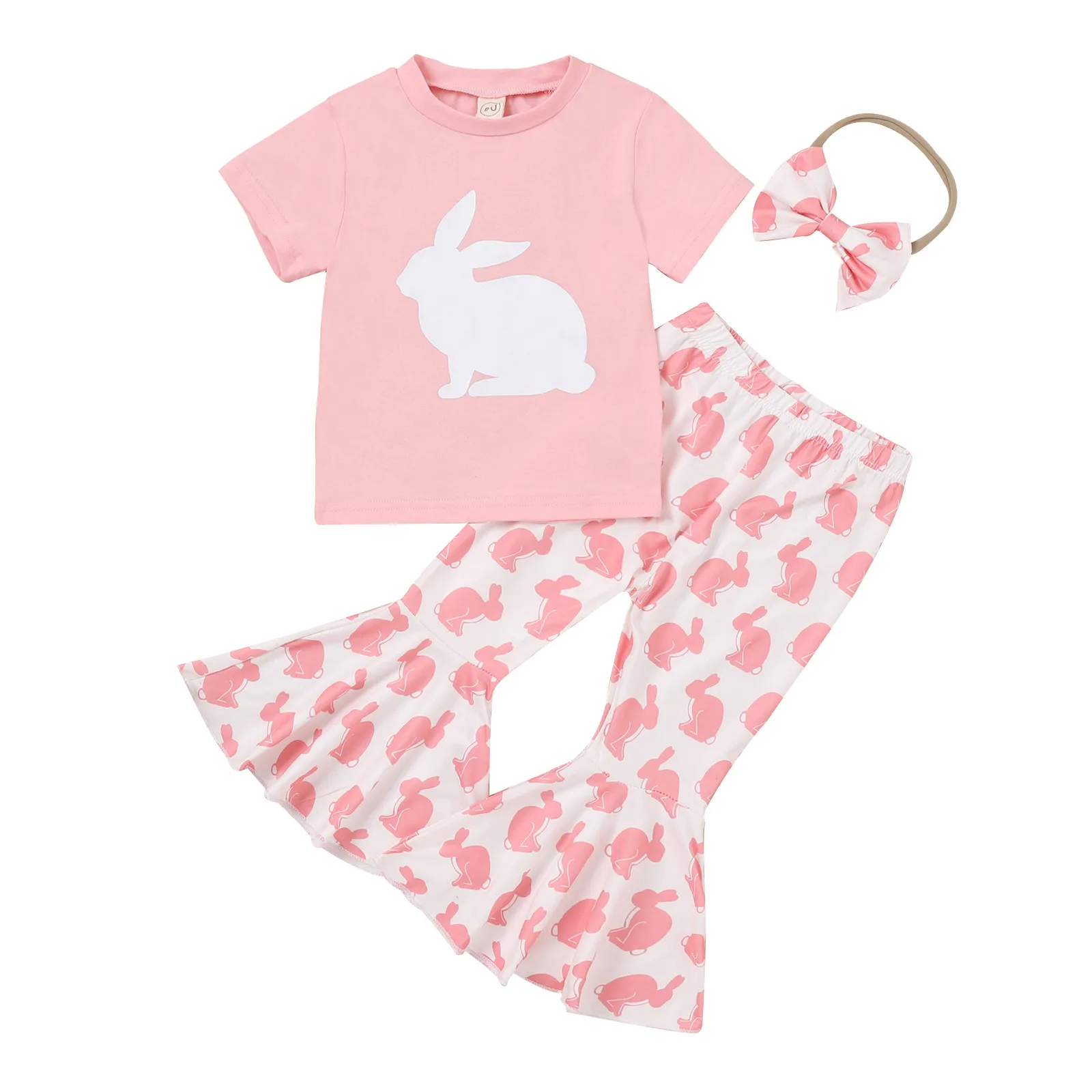 Kids Toddler Girls Casual Cute Easter Alphabet Cartoon Rabbit Print Short Sleeve Round Neck T-Shirt Flare Trousers Set