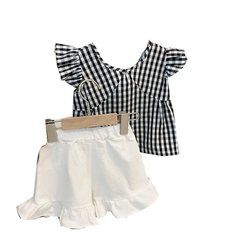 Girls Fashion Plaid Sleeveless Tops And Shorts Set