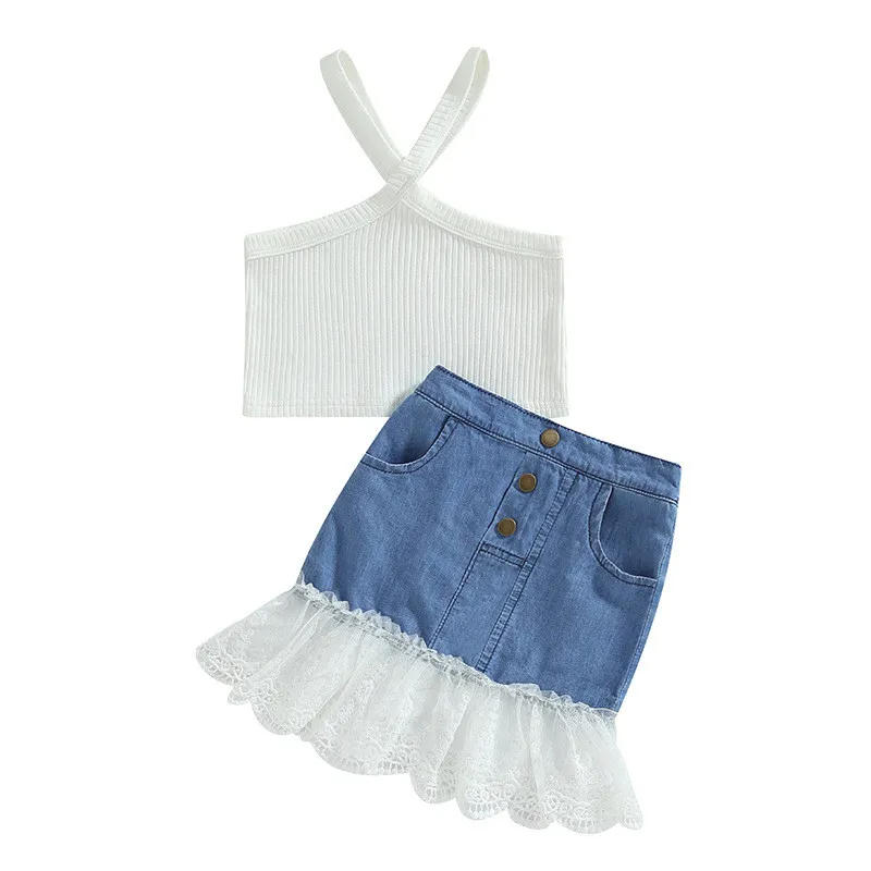 Kids Toddler Girls Casual Cute Solid Color Sleeveless Cami Top Lace Denim Skirt Set