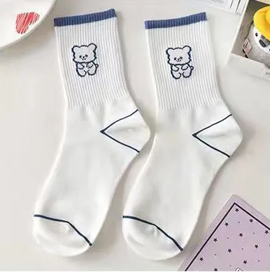 5 Pairs/Dozen Women Cute Blue Series Bear Printed Cotton Socks