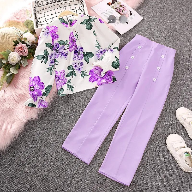 Children Kids Teen Fashion Girls Flower Printed Long Sleeved Top And Pants 2pcs Set