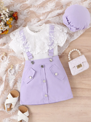 Kids Toddler Girls Casual Cute Solid Color Hollow Mesh Short Sleeve Round Neck T-Shirt Short Skirt Set