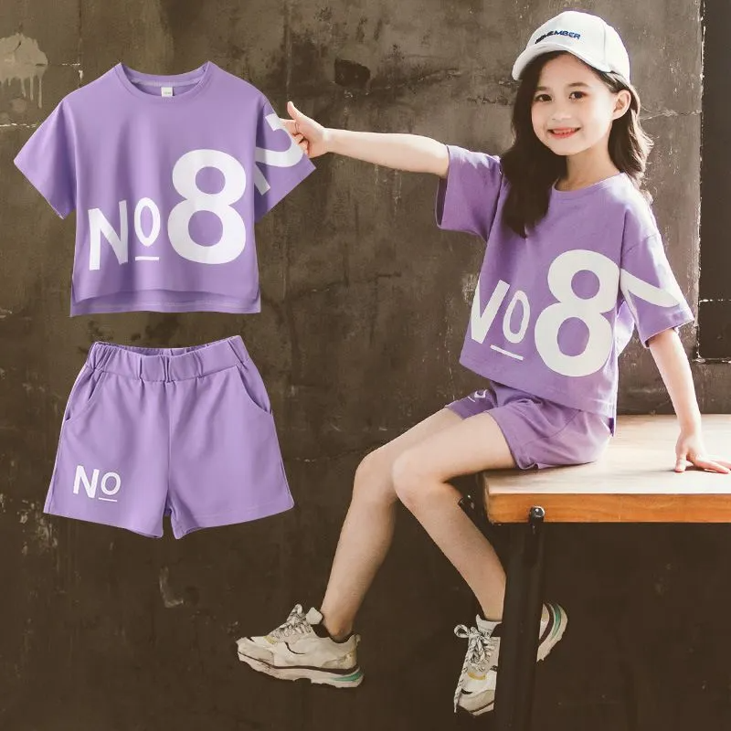 2pcs/Set Girls Loose Letter Print Round Neck Short Sleeve Tee And Shorts