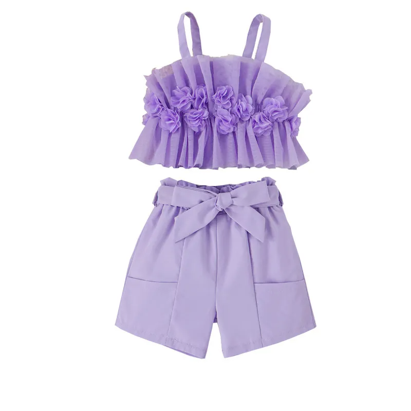 Kids Toddler Girls Summer Casual Basic Solid Color Mesh Sling Top Shorts Sets