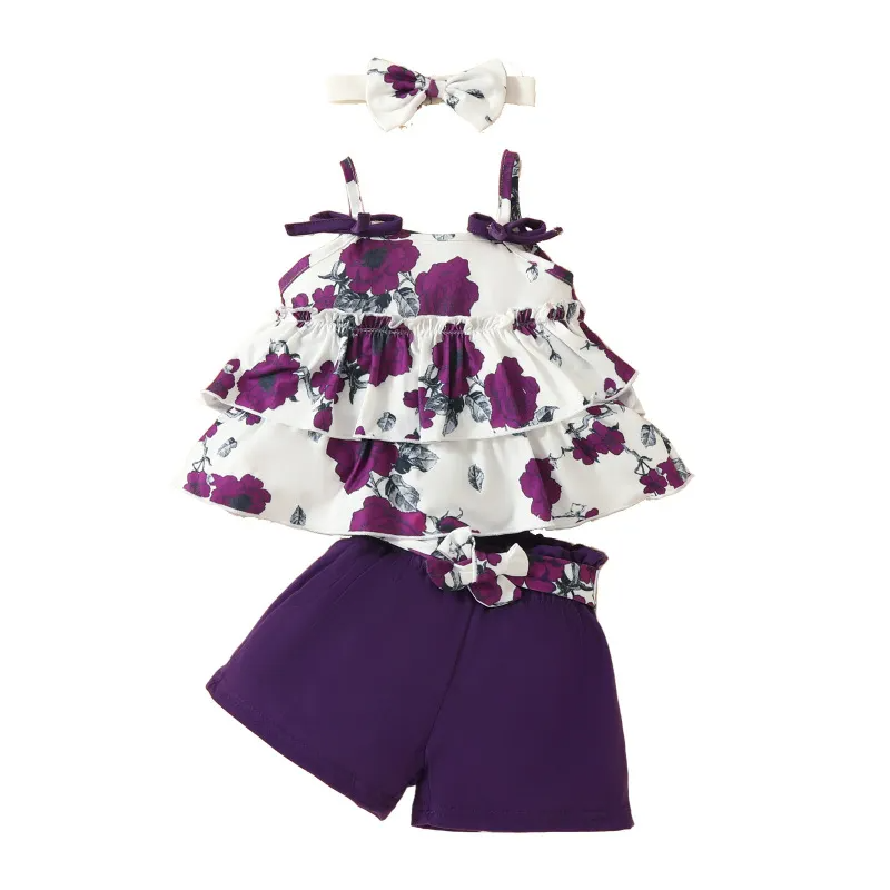 Kids Baby Girls Casual Cute Bow Tiny Flower Flounced Strap Top Shorts Sets