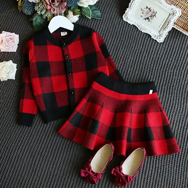 Girls Plaid Single-Breasted Tops And Skirt Set