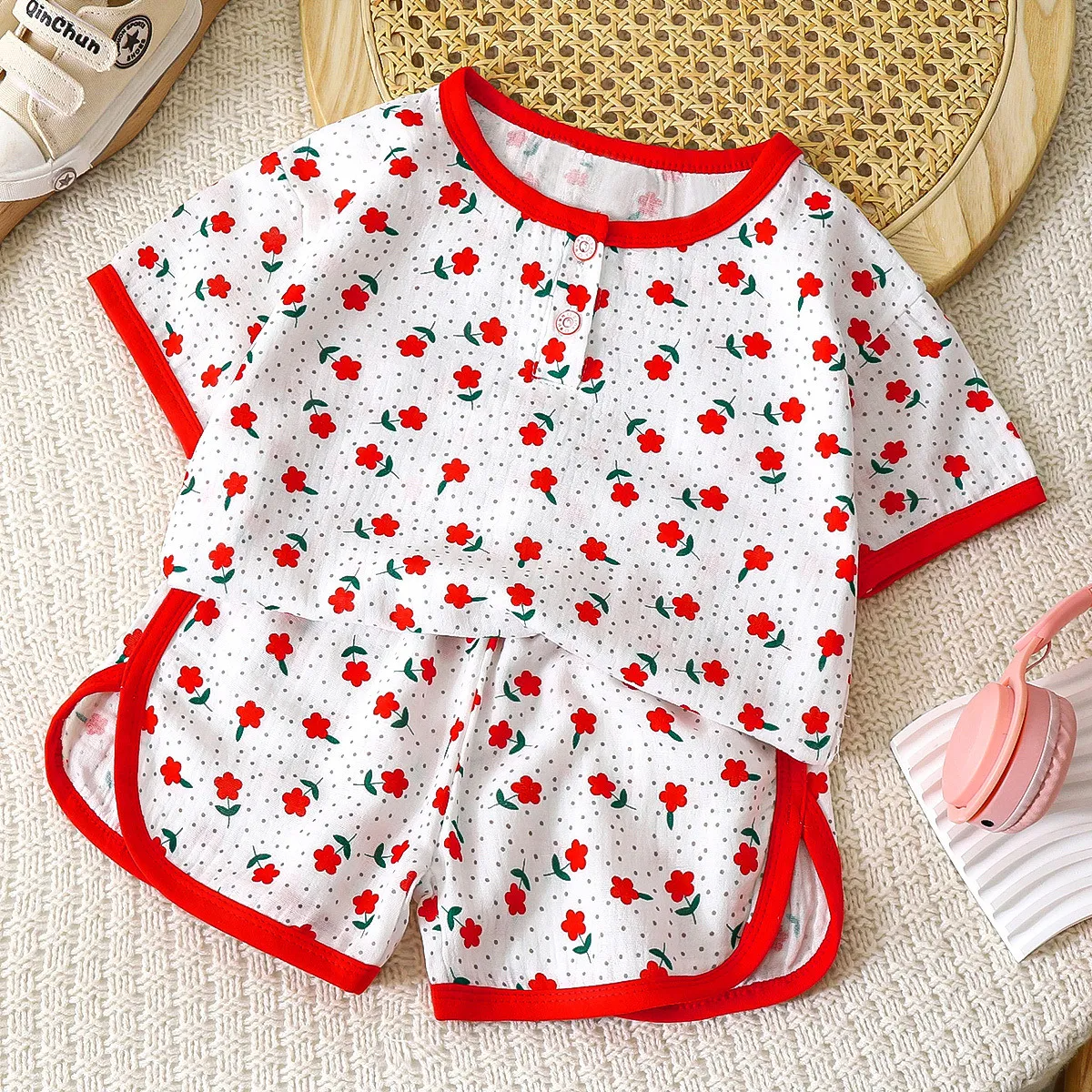 Children Kids Baby Fashion Girls Boys Casual Basic Short Sleeve Cartoon Print Short Sleeve T-Shirt And Shorts 2pcs Set