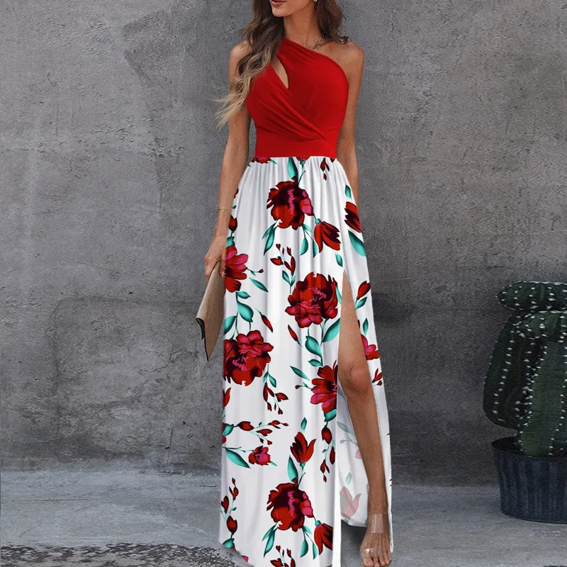 Women Fashion Sexy Oblique Shoulder Hollow-Out Maxi Dress