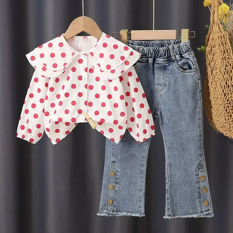 Girls Fashion Lapel Polka Dot Blouse And Jeans Set