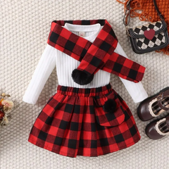 Kids Toddler Girls Fashion Casual Solid Color Stripe Long Sleeve Round Neck T-Shirt Plaid Short Skirt Sets