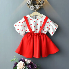 Girls Ruffled Polka Dot Tops And Suspender Skirt Set