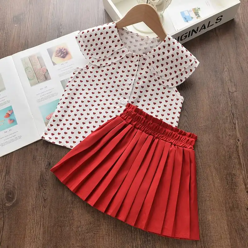 Girls Sleeveless Heart Pattern Lapel Design Tops And Skirt Set