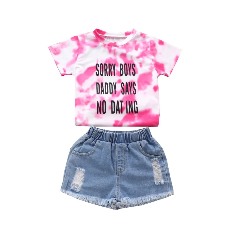 Girls Fashion Letter Pattern Tie-Dye T-Shirt And Denim Shorts Set