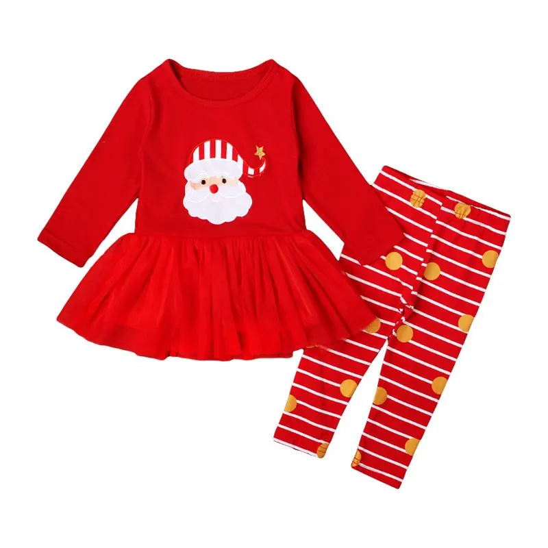 Christams Clothing Girls Red Santa Claus Printed Patchwork Tops And Stripes Pant