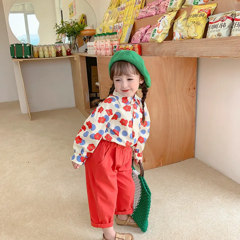 Girls Sweet Floral Pattern Lapel Blouse And Solid Color Pants Set