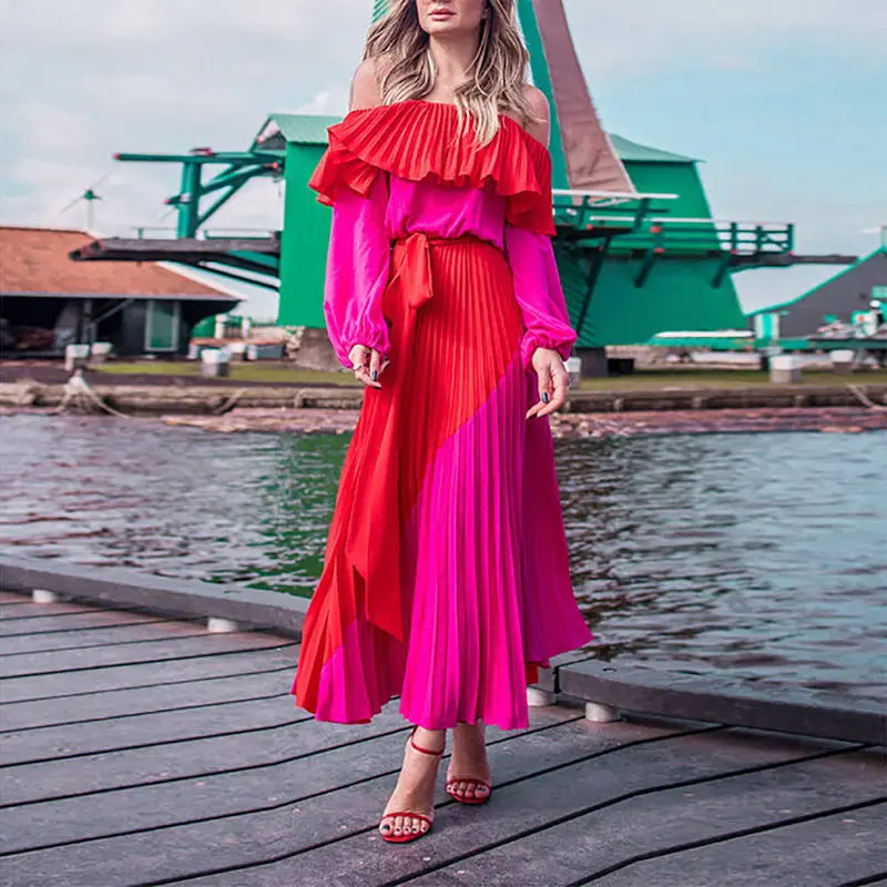 Women Off The Shoulder Pleated Long Sleeve Dresses