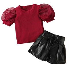 Children Kids Baby Fashion Girls Short Sleeve Solid Color Top And Pu Leather Shorts 2pcs Set