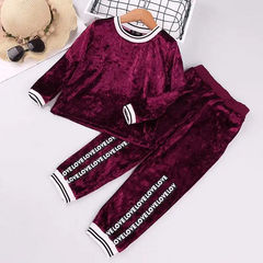 Girls Round Neck Tops And Letter Pattern Pants Pleuche Set