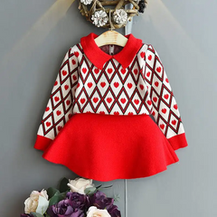 Girls Lapel Heart Pattern Tops And Skirt Set