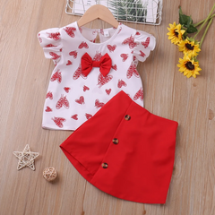 Children Kids Baby Fashion Girls Short Sleeve Heart Print Bowknot T-Shirt And Shorts 2pcs Set