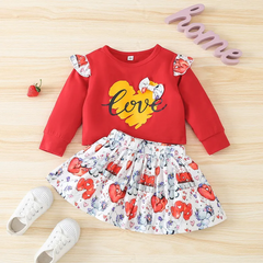 Kids Toddler Girls Casual Cute Sweet Letter Heart Print Long Sleeve Round Neck Sweatshirts Skirt Set