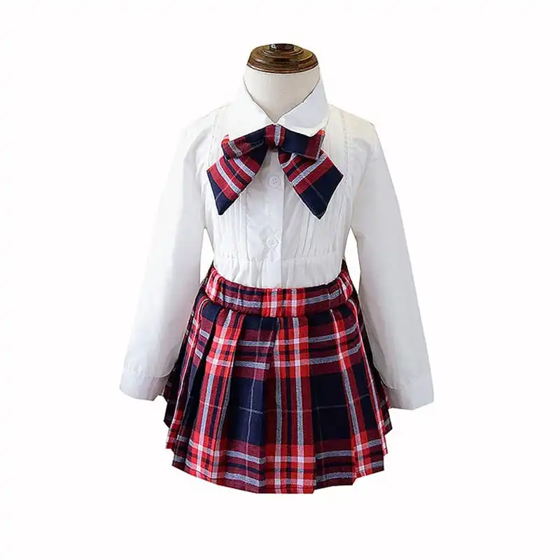 Girls Lapel Design Bowknot Decor Blouse And Plaid Skirt Set