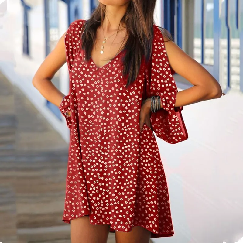 Women Floral Print V-Neck Split Sleeve Dress