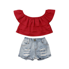 2 Pcs Set Girl Kid Red Ruffle Off-Shoulder Tops And Denim Shorts