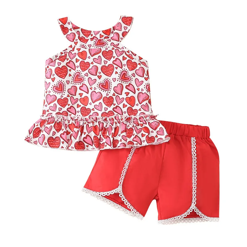 Kids Toddler Girls Casual Cute Sweet Heart Print Sleeveless TOP Shorts Set