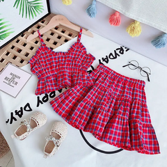 Girls Fashion Plaid Slip Tops And Skirt Set