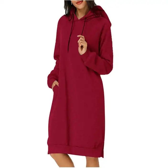 Autumn Winter Women Fashion Solid Color Hooded Long Sleeve Loose Dress