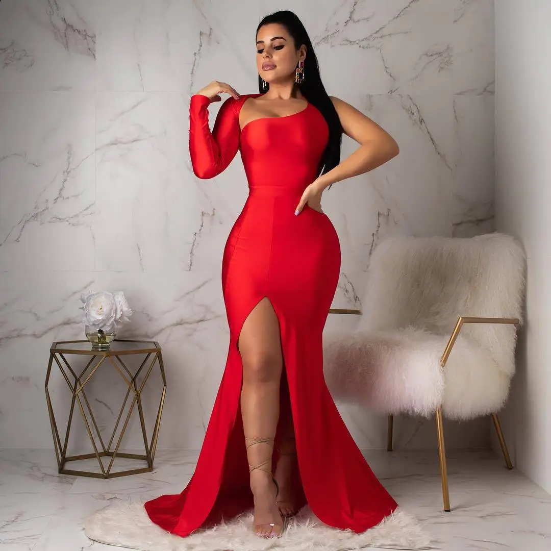 Banquet Sexy Backless Evening Dress Women'S Irregular One-Shoulder Backless Side-Slit Maxi Dress