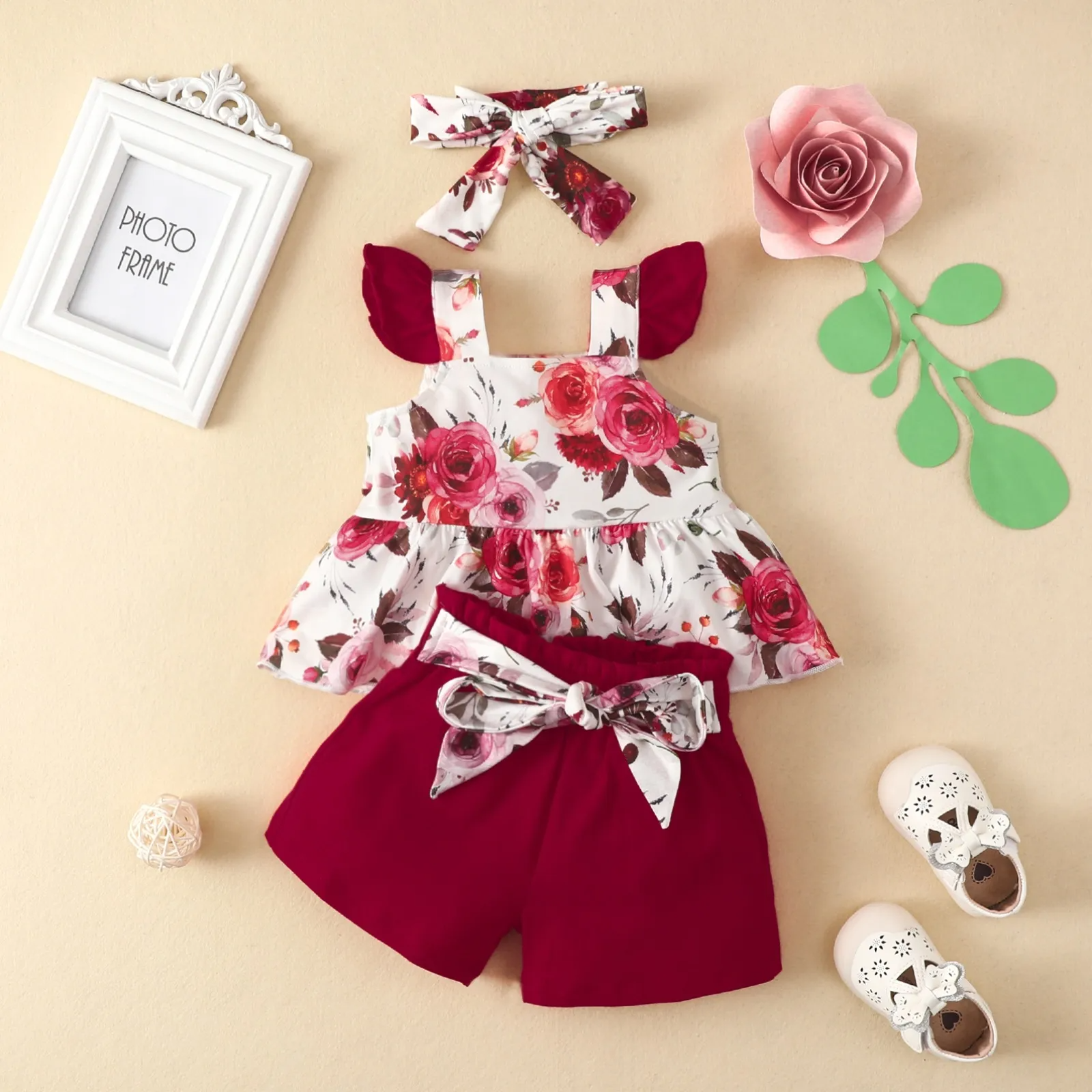 Kids Toddler Girls Casual Cute Bow Leaves Floral Strawberry Floral Sleeveless Top Shorts Sets