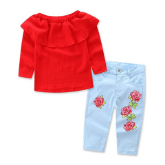 Hot Selling Girls Cotton Red Off-Shoulder Tops And Flower Printed Jeans Set