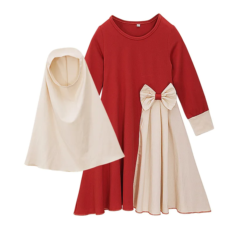 Children Kids Baby Fashion Girls Long-Sleeved Plain Color Dress And Headscarf Muslim 2pc Set