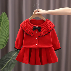 Kids Toddler Girls Autumn Winter Fashion Casual Simple Solid Color Bow Pearl Button Lapel Sweater Pleated Skirt Set