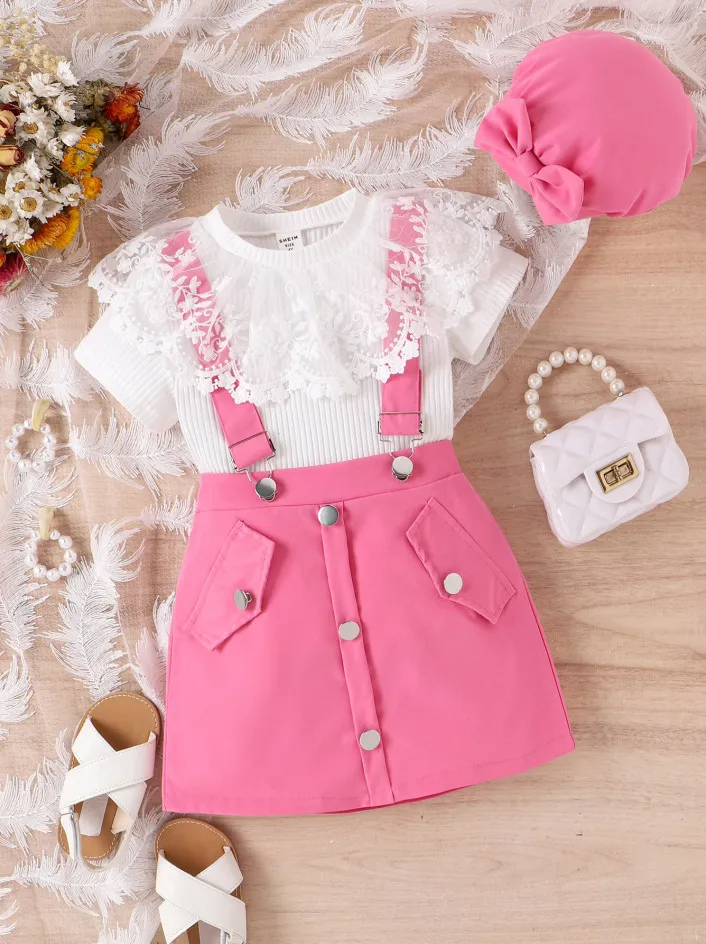 Kids Toddler Girls Casual Cute Solid Color Hollow Mesh Short Sleeve Round Neck T-Shirt Short Skirt Set