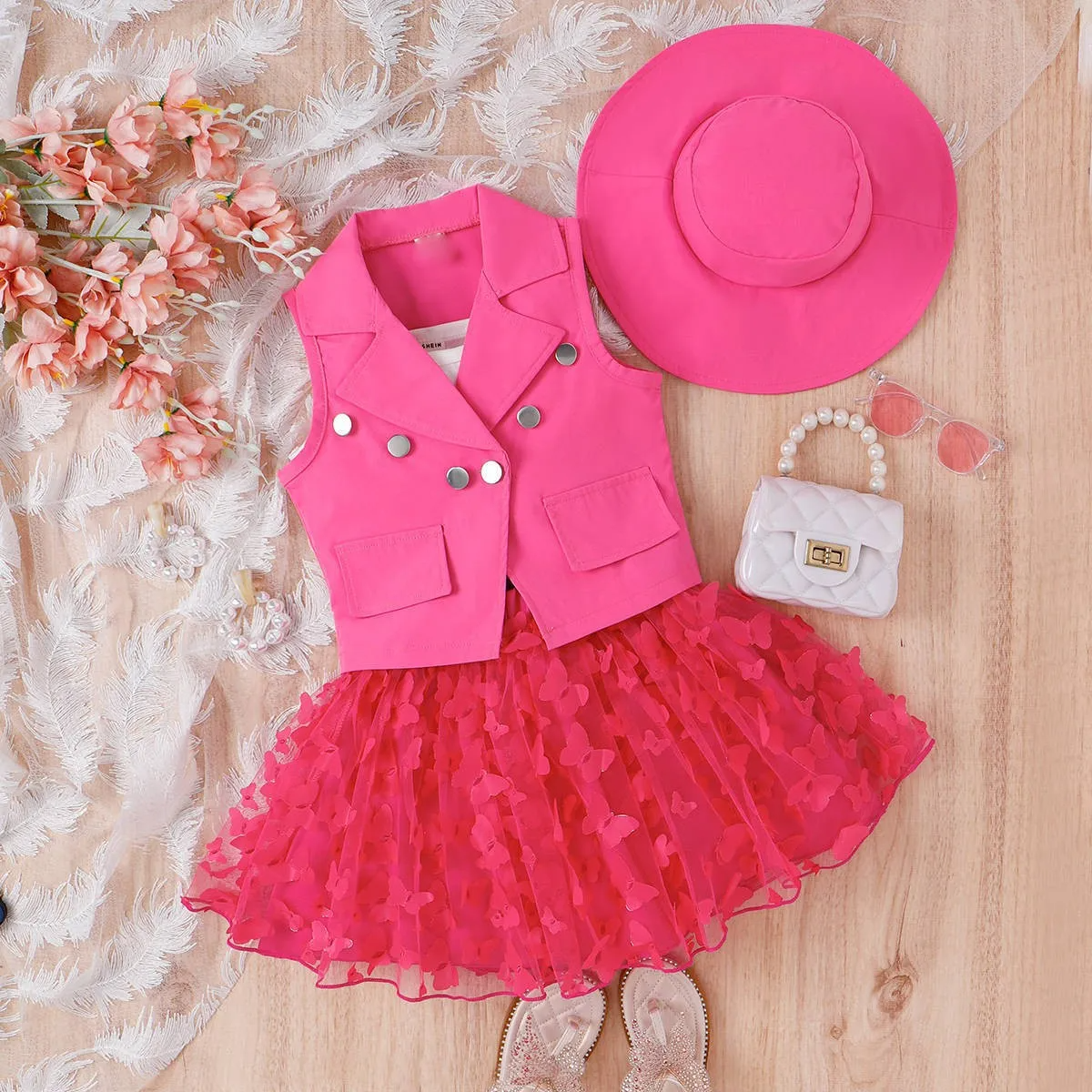 Kids Fashion Sling Butterfly Mesh Skirt Sleeveless Suit Hat Four-Piece Set