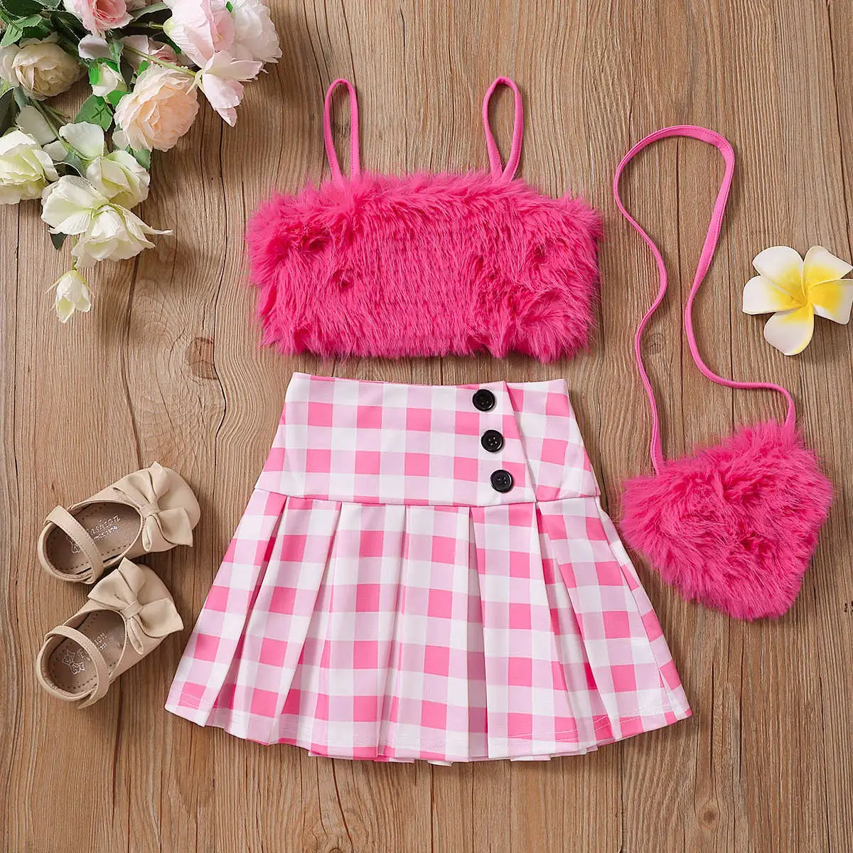 Kids Toddler Girls Casual Cute Sweet Solid Color Plush Cami Tube Top Plaid Skirt Set