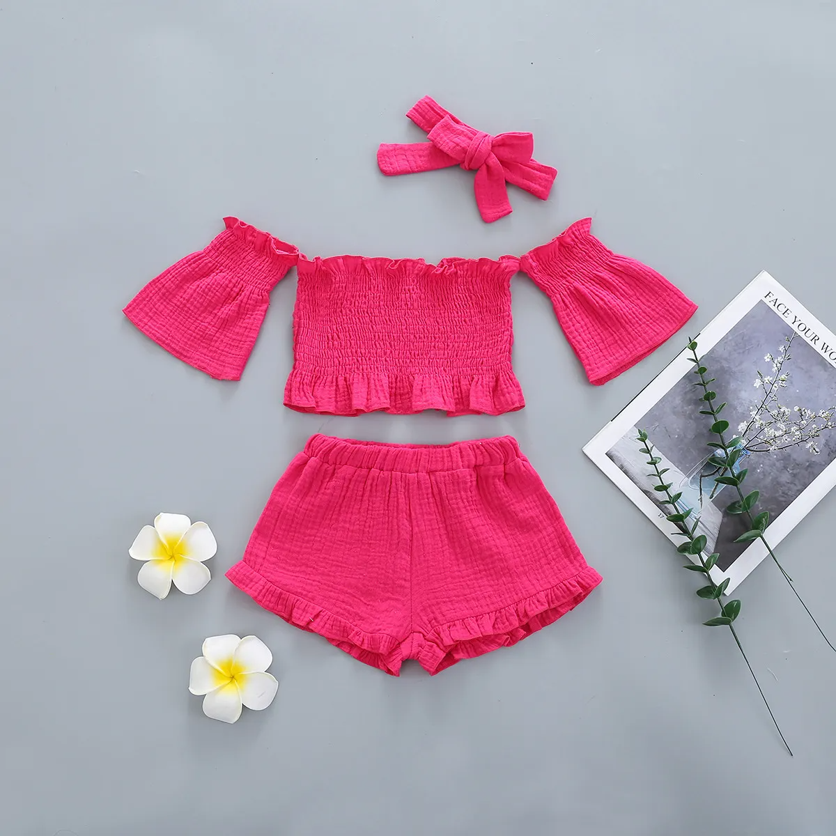 Children Girl Solid Color Shoulder Two-Piece Set