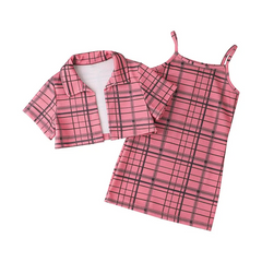 Children Kids Toddlers Fashion Girls Short Sleeve Plaid Top And Suspender Dress 2pcs Set