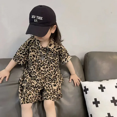 Children Kids Baby Fashion Boys Girls Short Sleeve Leopard Shirt And Shorts 2pcs Set