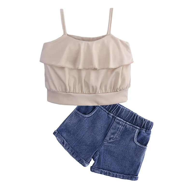 Children Kids Baby Fashion Girls Casual Basic Sleeveless Suspender Top And Denim Shorts 2pcs Set