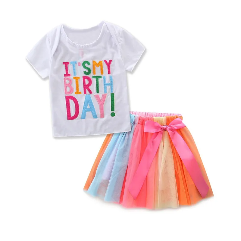 Kids Toddler Girls Party Casual Cute Rainbow Letter Round Neck Long Sleeve Short Sleeve Skirts Set