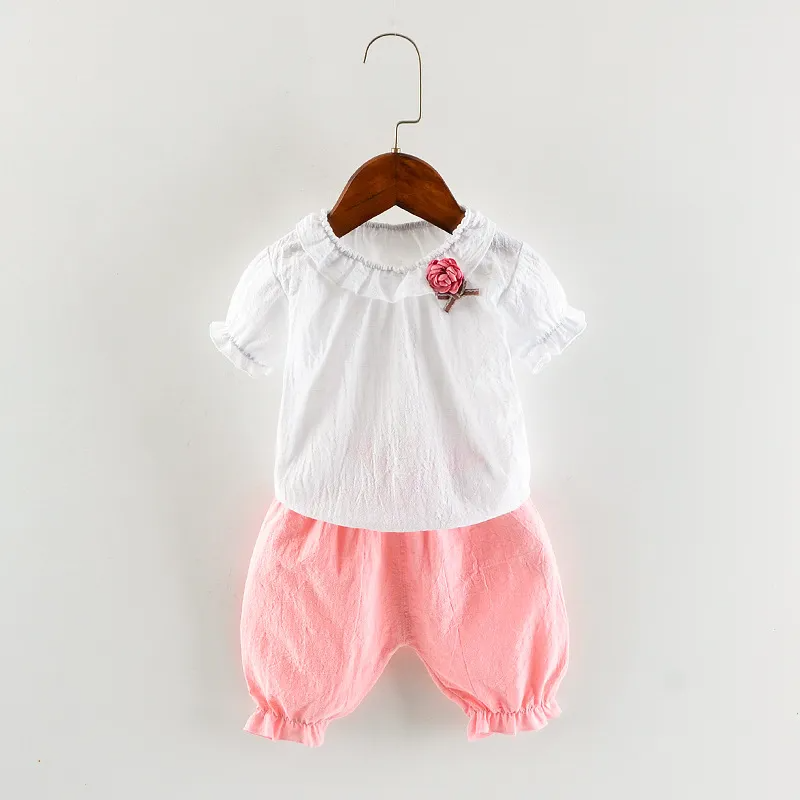 Children Kids Baby Fashion Girls Casual Basic Short Sleeve Flower T-Shirt And Shorts 2pcs Set